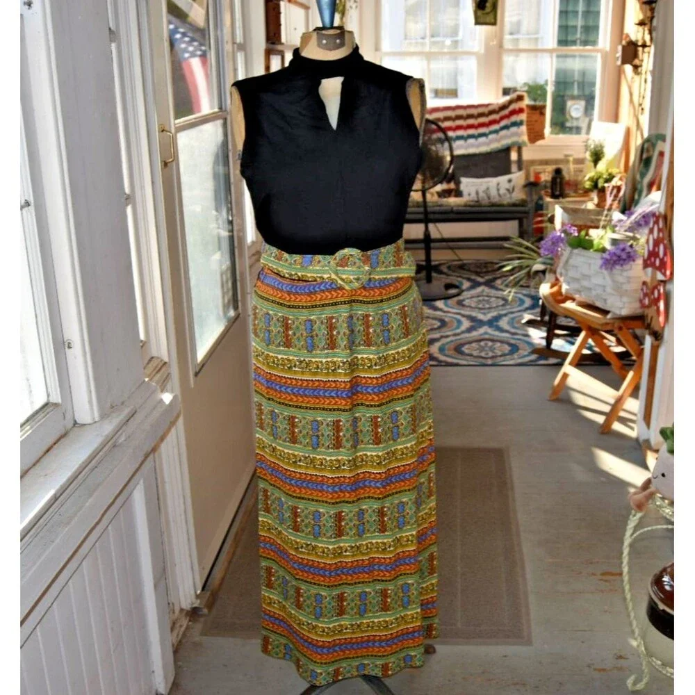 70s Maxi Dress Geometric Print Boho Keyhole Hippie Choker Neck Sleeveless Medium